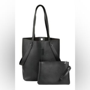 BLACK LEATHER TOTE BAG WITH ZIPPER POUCH/1PC New